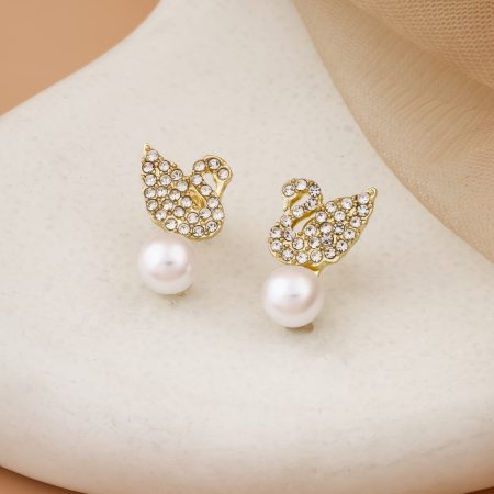 Swan Design Gold-Toned Stud Earrings with Pearl Drop & Crystal Detailing