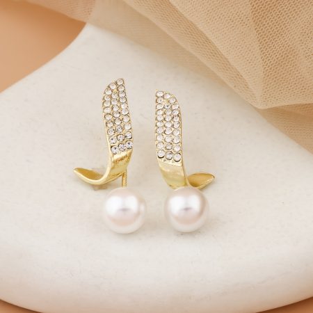 Gold-Toned Curved Crystal Stud Earrings with Classic Pearl Drop