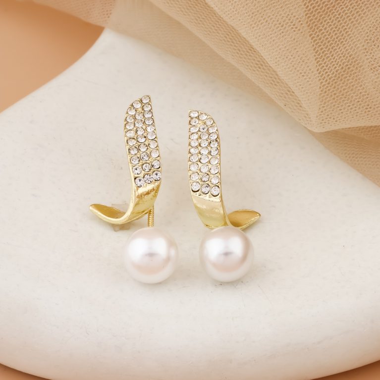 Gold-Toned Curved Crystal Stud Earrings with Classic Pearl Drop