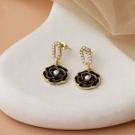 Black Rose Drop Earrings with Crystal Link Detail