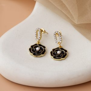 Black Rose Drop Earrings with Crystal Link Detail
