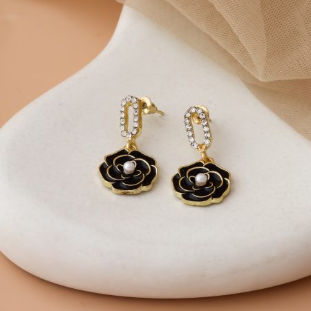 Black Rose Drop Earrings with Crystal Link Detail