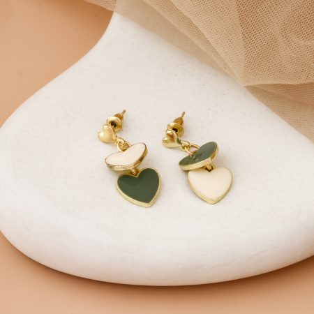 Layered Heart Drop Earrings – Playful Charm in Green & Cream