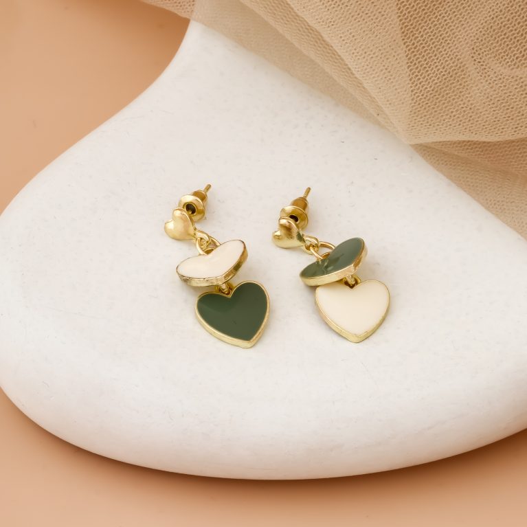 Layered Heart Drop Earrings – Playful Charm in Green & Cream