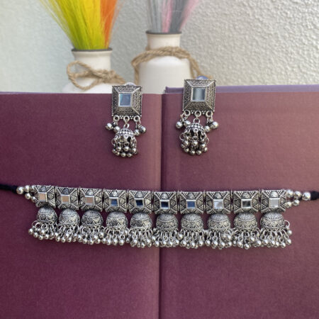 Premium Oxidized Silver Mirror Work Choker Necklace Set with Jhumka Accents – Ethnic Jewellery