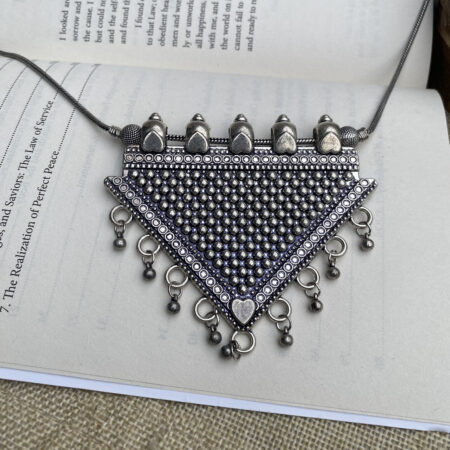 Premium Oxidized Silver Triangle Pendant Necklace Set with Diamond-Shaped Earrings – Ethnic Boho Jewellery