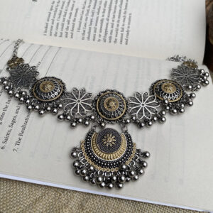 Dual-Tone Oxidized Silver & Gold Floral Motif Necklace Set – Ethnic Jewellery