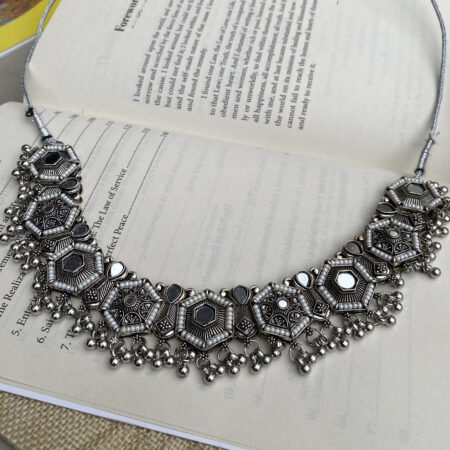 Premium Oxidized Hexagon Mirror Work Necklace with Ghungroo Detailing