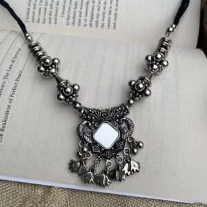 Oxidized Silver Square Pendant Necklace Set with Black Stone – Ethnic Jewellery