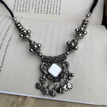 Oxidized Silver Square Pendant Necklace Set with Black Stone – Ethnic Jewellery