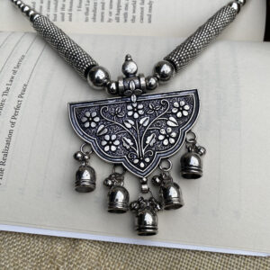 Oxidized Silver Half-Moon Pendant Necklace Set with Ghungroo Charms – Ethnic Jewellery