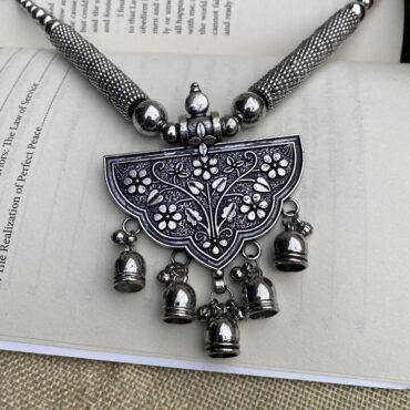 Oxidized Silver Half-Moon Pendant Necklace Set with Ghungroo Charms – Ethnic Jewellery