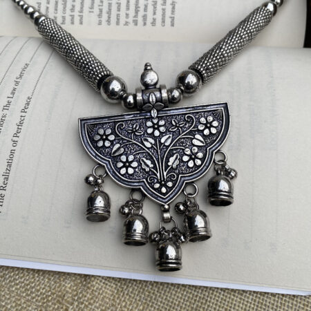 Oxidized Silver Half-Moon Pendant Necklace Set with Ghungroo Charms – Ethnic Jewellery