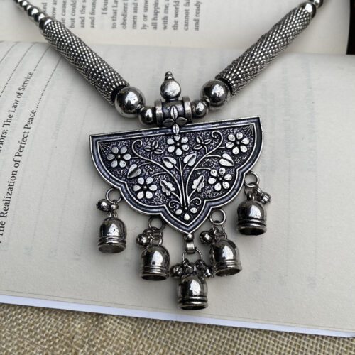 Oxidized Silver Half-Moon Pendant Necklace Set with Ghungroo Charms – Ethnic Jewellery