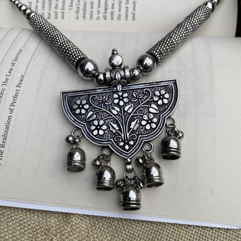 Oxidized Silver Half-Moon Pendant Necklace Set with Ghungroo Charms – Ethnic Jewellery