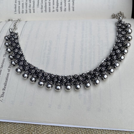 Premium Oxidized Silver Floral Pattern Necklace with Dangling Beads – Ethnic Statement Jewellery