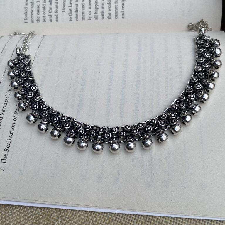 Premium Oxidized Silver Floral Pattern Necklace with Dangling Beads – Ethnic Statement Jewellery