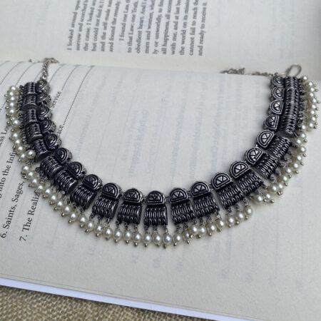 Premium Oxidized Silver Necklace Set with Pearl Bead Edging – Ethnic Jewellery