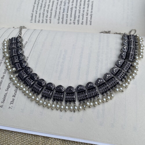 Premium Oxidized Silver Necklace Set with Pearl Bead Edging – Ethnic Jewellery