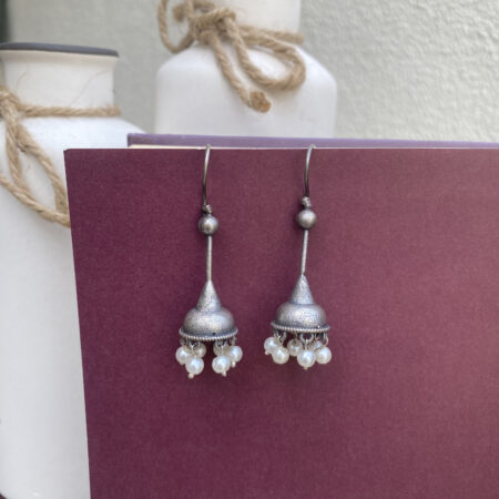 Premium Minimal Oxidized Silver Cone Jhumka Earrings with Pearl Drops – Ethnic Daily Wear Jewellery
