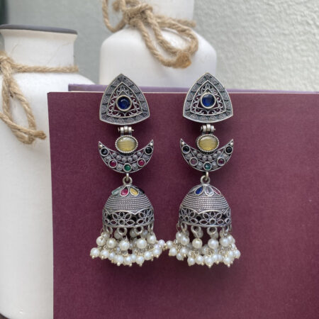 Premium Oxidized Silver Multi-Stone Jhumka Earrings with Pearl Drops – Ethnic Statement Jewellery
