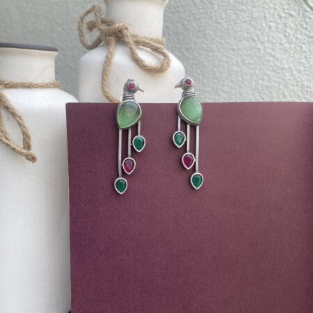 Premium Parrot Design Stone Drop Earrings – Green & Ruby Accents
