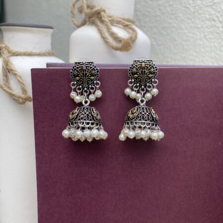 Oxidized Gold-Toned Jhumka Earrings with Pearl Beads