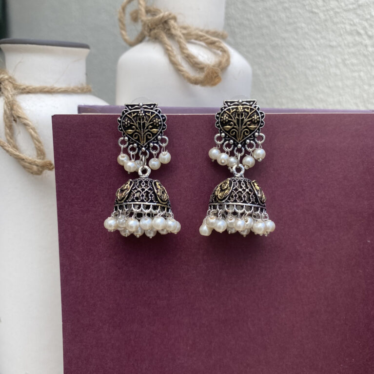 Oxidized Gold-Toned Jhumka Earrings with Pearl Beads