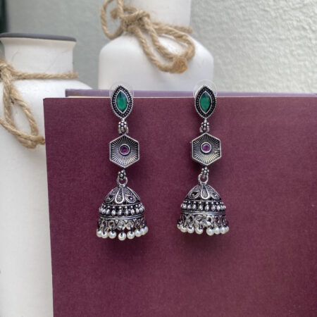 Premium Oxidized Silver Jhumka Earrings with Green & Purple Stone Accents – Ethnic Pearl Drop Jewellery