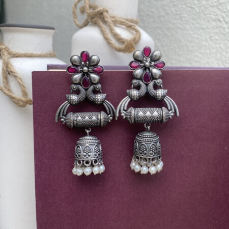 Premium Oxidized Silver Floral & Bird Motif Jhumka Earrings with Pearl Drops – Ethnic Statement Jewellery