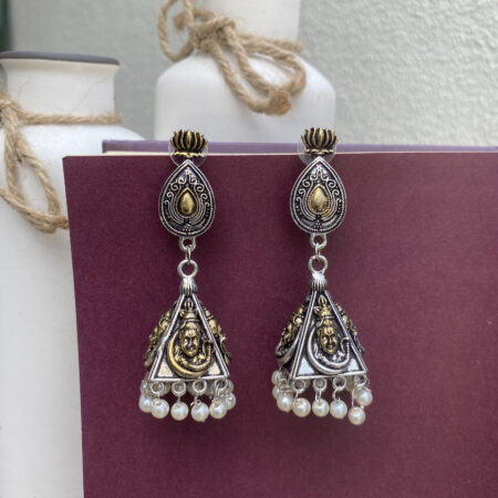 Dual-Tone Oxidized Silver Temple Earrings with Pearl Drops – Ethnic Jewellery for Women