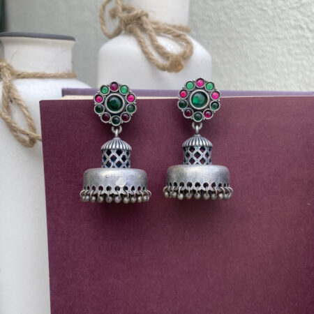 Premium Oxidized Silver Floral Stud Jhumka Earrings with Green & Pink Stones – Ethnic Jewellery for Women