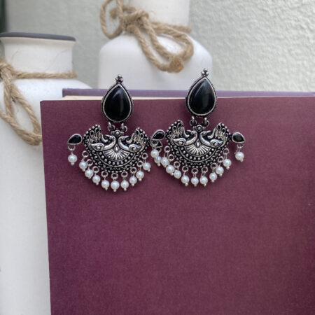 Oxidized Silver Bird Motif Earrings with Black Stones & Pearl Drops – Ethnic Statement Jewellery