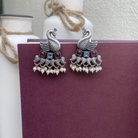 Premium Oxidized Silver Swan Motif Earrings with Colorful Stones & Pearl Drops – Ethnic Jewellery for Women
