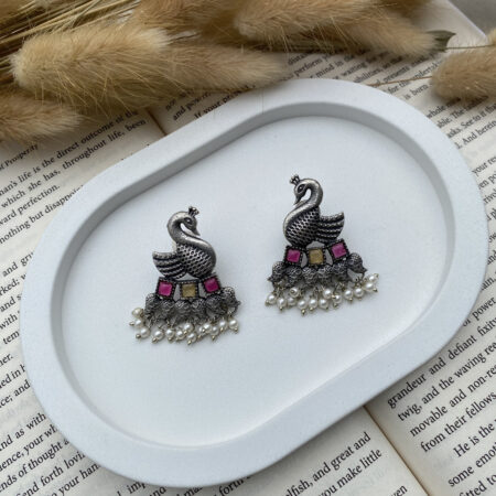 Premium Oxidized Swan Dangler Earrings with Pearl & Color Accents