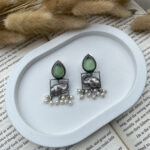 Premium Oxidized Elephant Motif Earrings with Green Stone & Pearl Drops