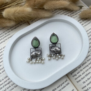 Premium Oxidized Elephant Motif Earrings with Green Stone & Pearl Drops
