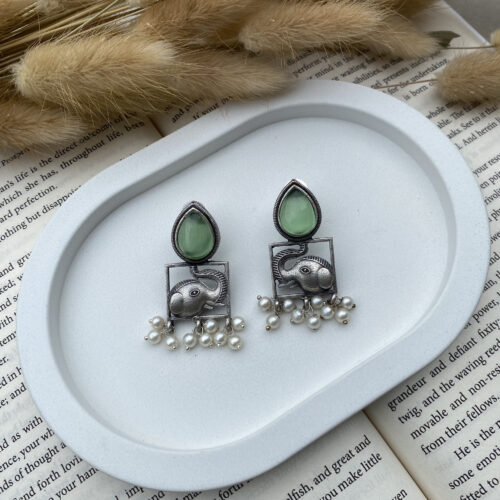 Premium Oxidized Elephant Motif Earrings with Green Stone & Pearl Drops