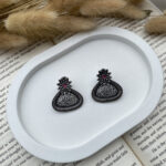 Premium Oxidized Teardrop Earrings with Floral Pink Stone Accent