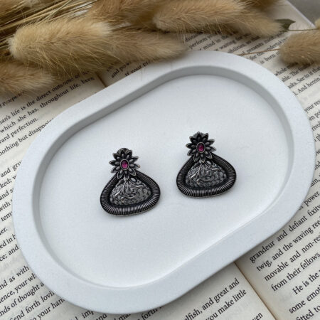 Premium Oxidized Teardrop Earrings with Floral Pink Stone Accent