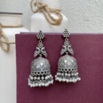 Premium Oxidized Floral Jhumka Earrings with Pearl Droplets