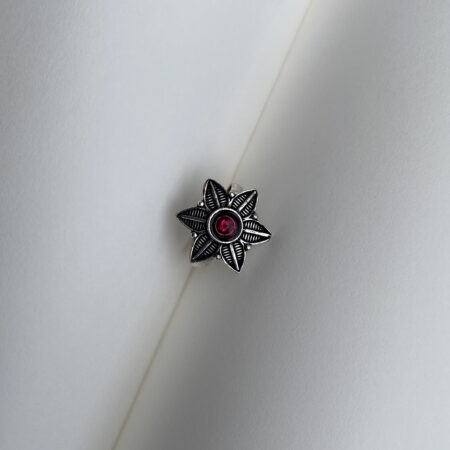 Oxidized Floral Ring with Red Stone – Adjustable Antique Finish