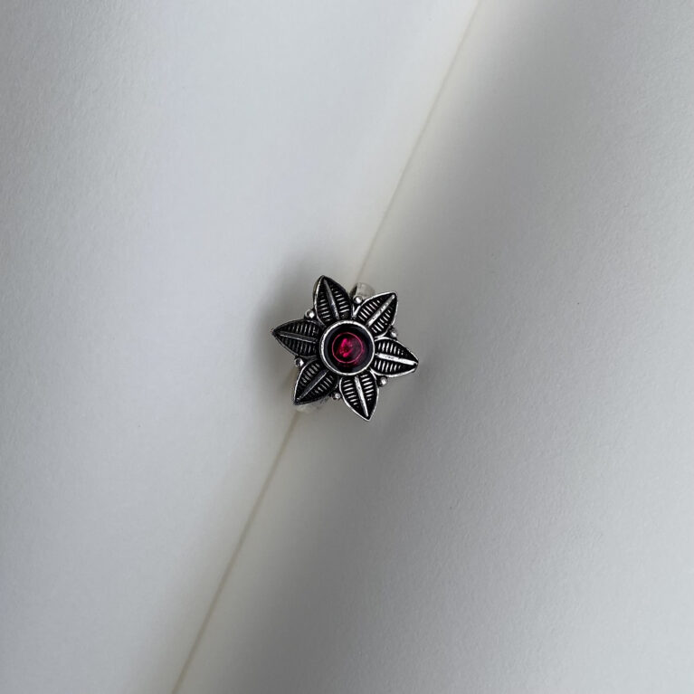 Oxidized Floral Ring with Red Stone – Adjustable Antique Finish